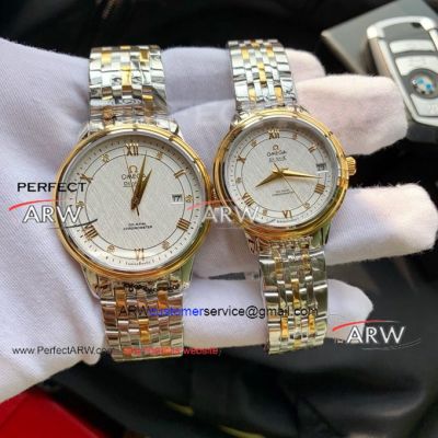 Perfect Replica Omega De Ville Two Tone White Dial Couple Watch